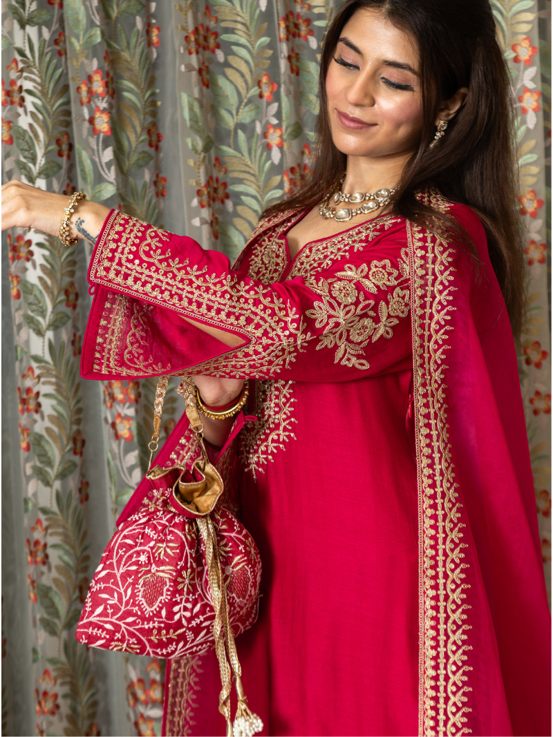 Adhira Mul Chanderi Dori Embroidered Sharara Set – Crimson Red