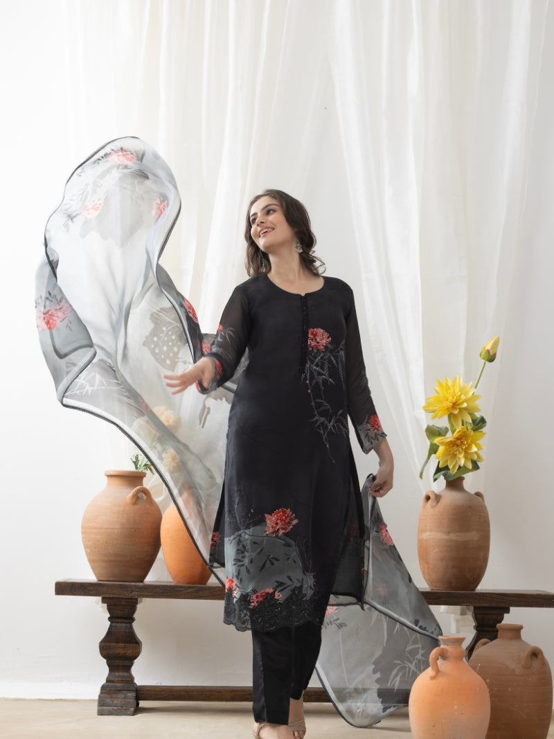 Aira Pure Organza Kurta Set with Pure Organza Dupatta - Midnight Black