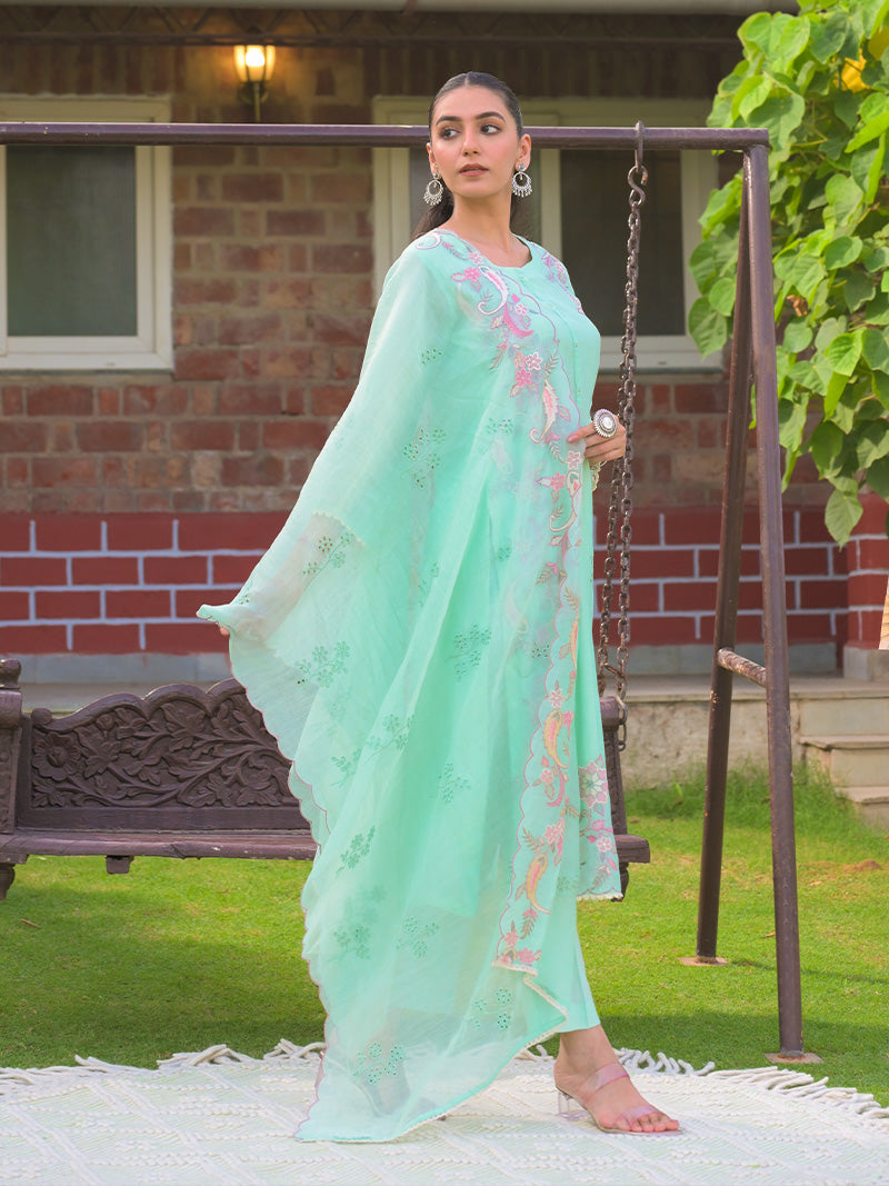Aarvi Pure Mul Chanderi Embroidered Kurta Set with Dupatta - Aqua Blue