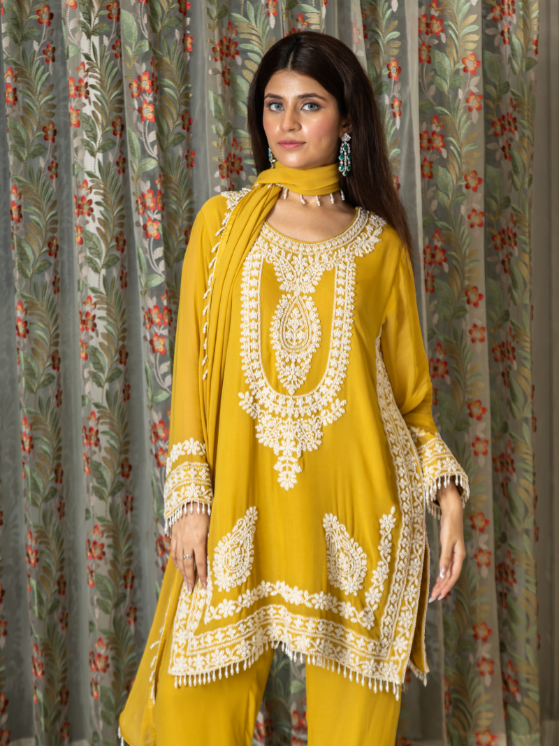 Nayira Georgette Embroidered Kurta Set – Sunset Mustard