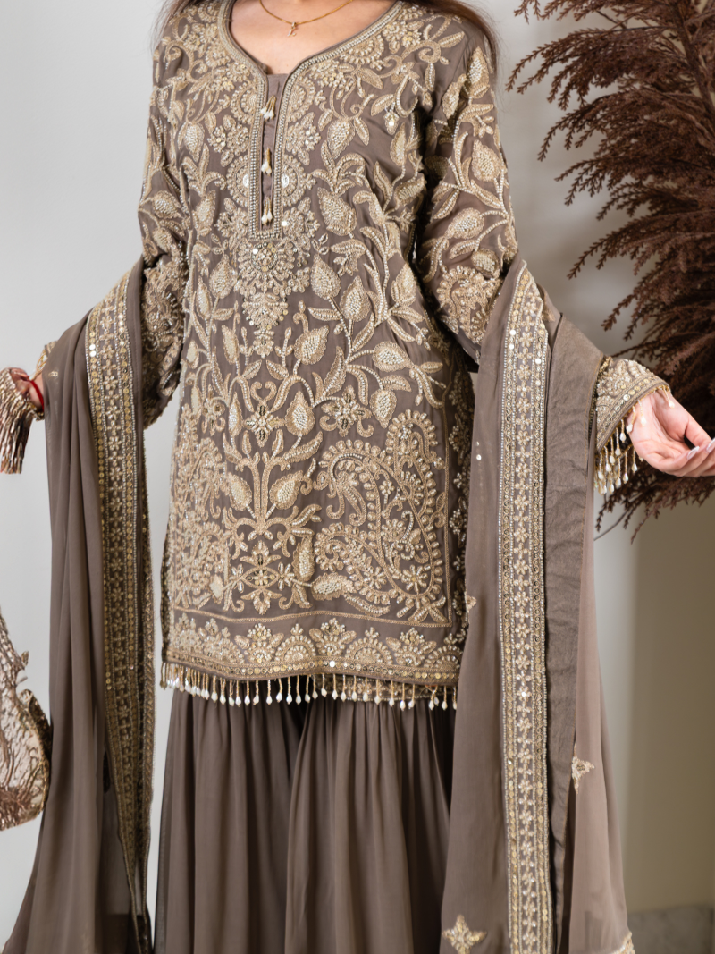 Saher Pure Georgette Handworked Garara Set – Taupe Beige
