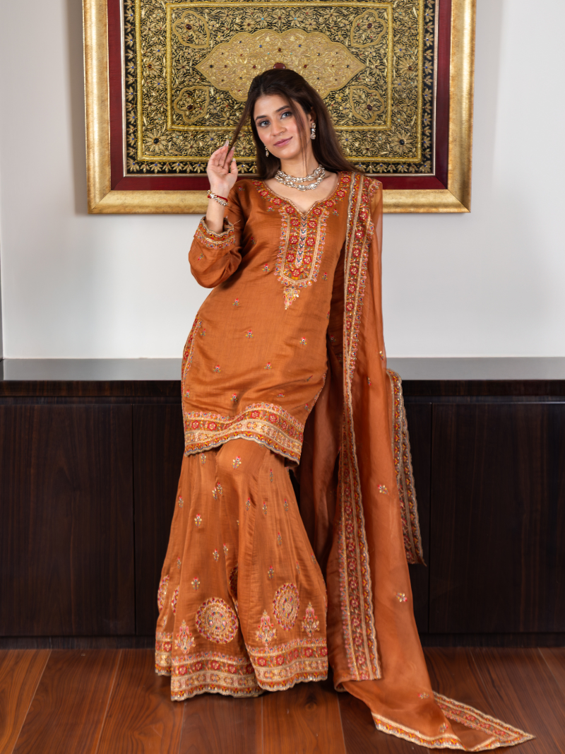 Inara Mul Chanderi Threadwork Garara Set – Terracotta