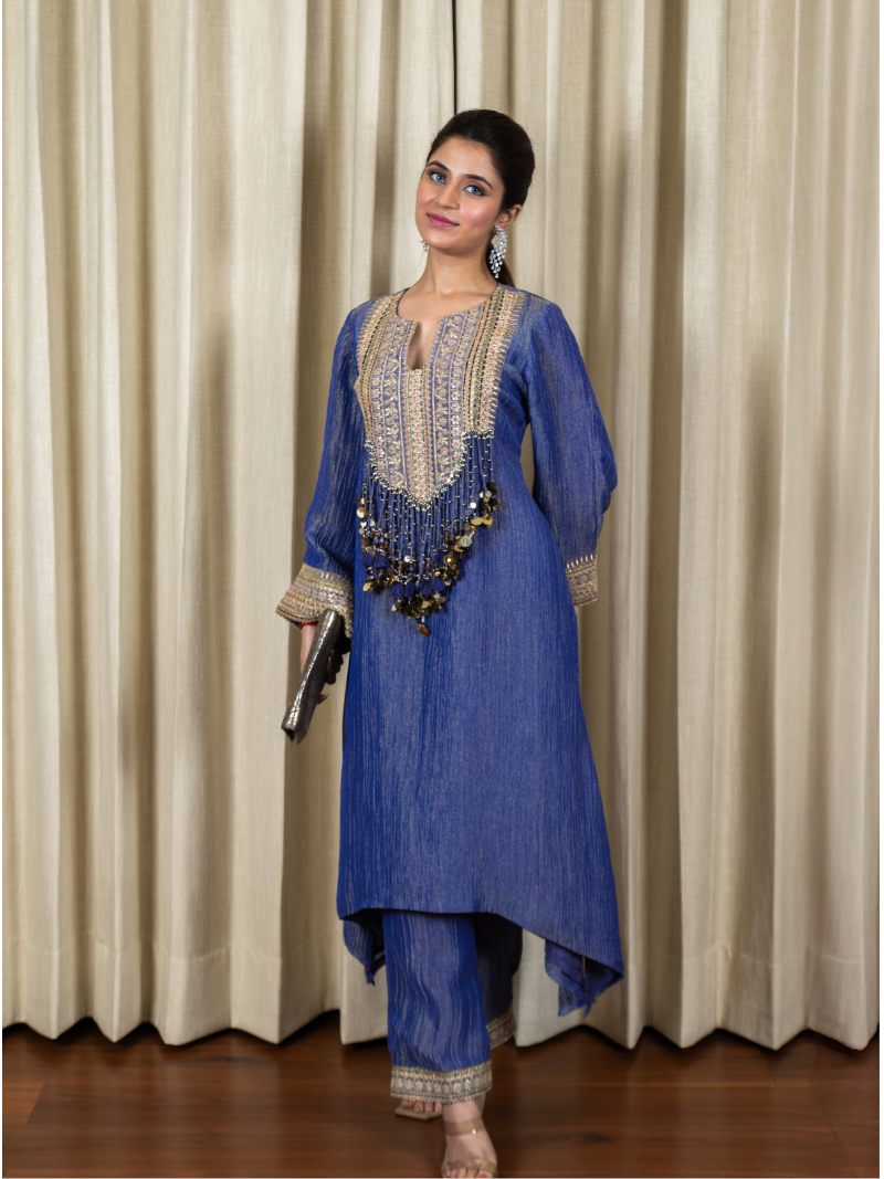 Nayra Royal Tissue Handwork Kurta Set – Sapphire Blue