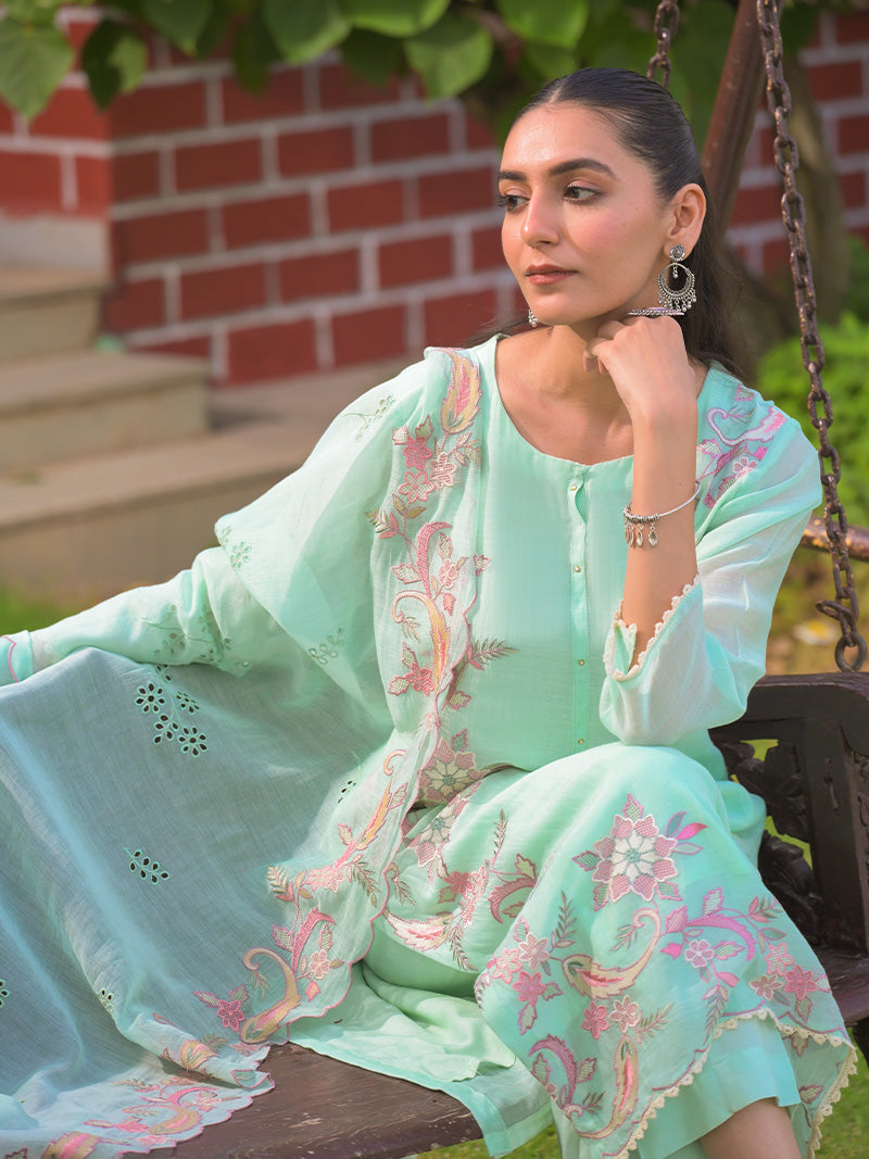 Aarvi Pure Mul Chanderi Embroidered Kurta Set with Dupatta - Aqua Blue