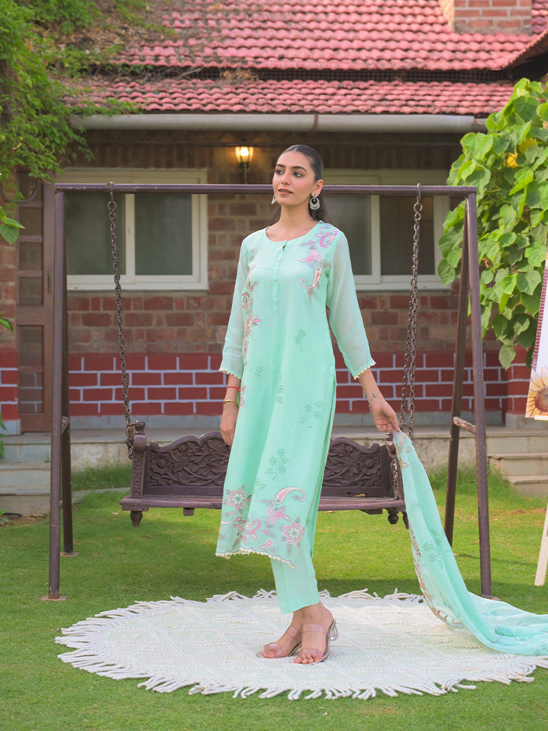 Aarvi Pure Mul Chanderi Embroidered Kurta Set with Dupatta - Aqua Blue