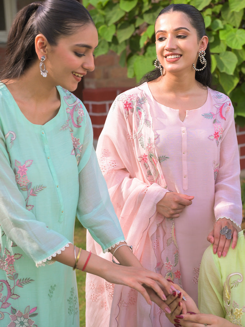 Aarvi Pure Mul Chanderi Embroidered Kurta Set with Dupatta - Aqua Blue