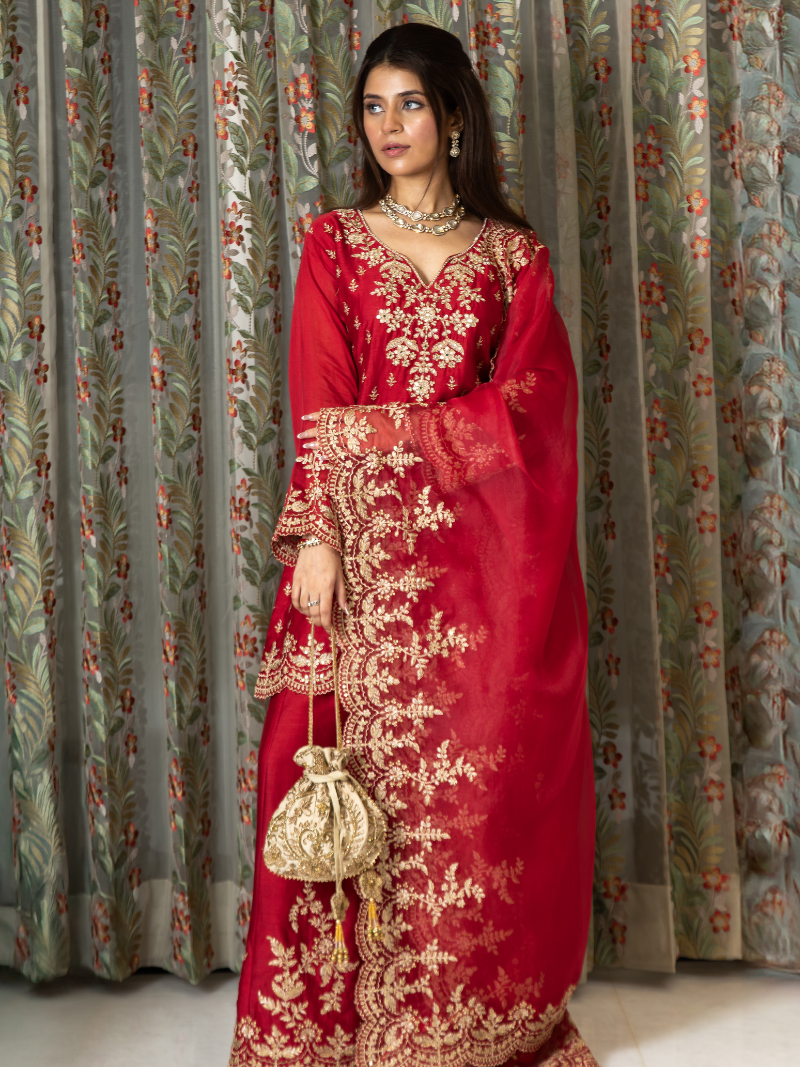 Aarini Mul Chanderi Dori Embroidered Sharara Set – Red