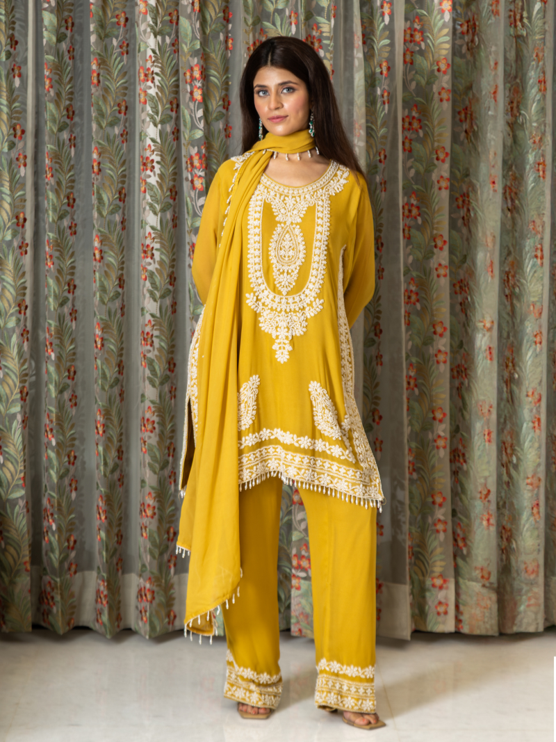 Nayira Georgette Embroidered Kurta Set – Sunset Mustard