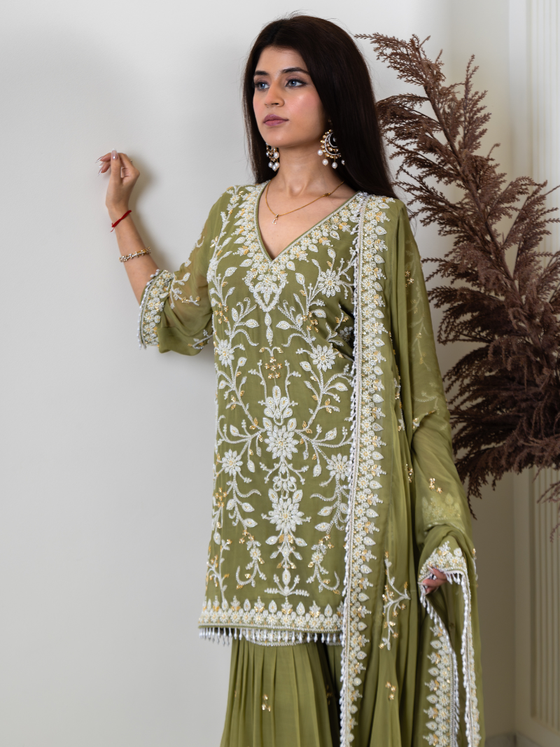 Aleya Pure Georgette Handworked Garara Set – Sage Green