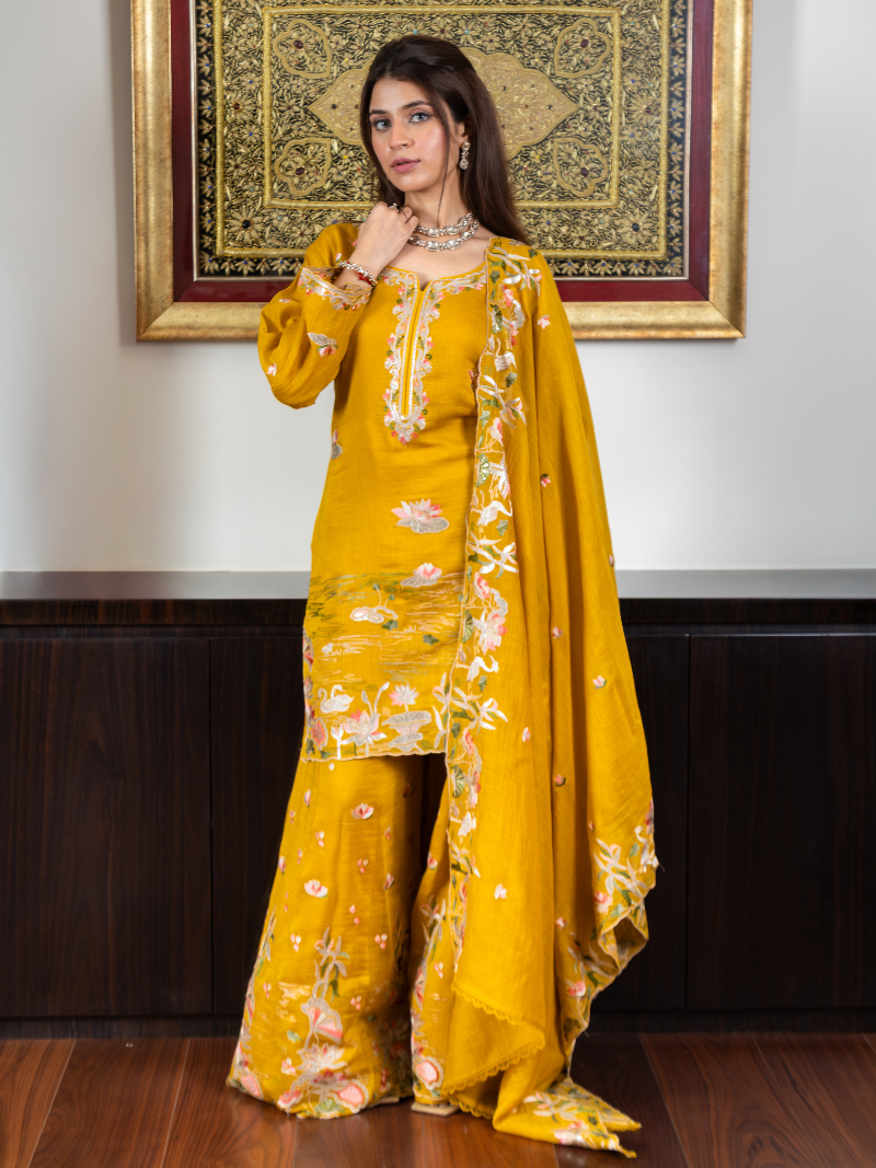 Noor Pure Mul Chanderi Embroidered Sharara Set – Sunflower Yellow