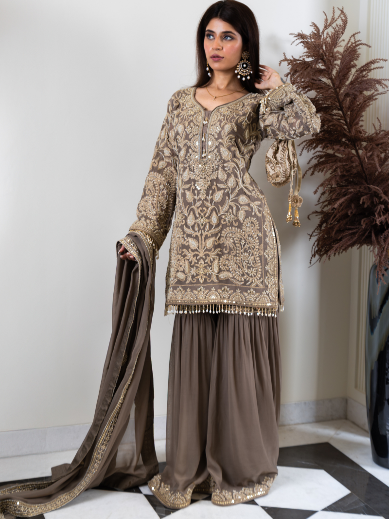 Saher Pure Georgette Handworked Garara Set – Taupe Beige