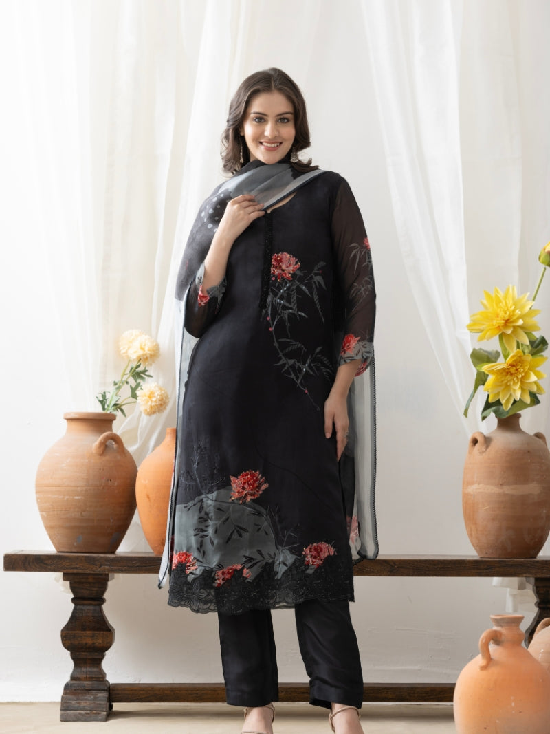 Aira Pure Organza Kurta Set with Pure Organza Dupatta - Midnight Black