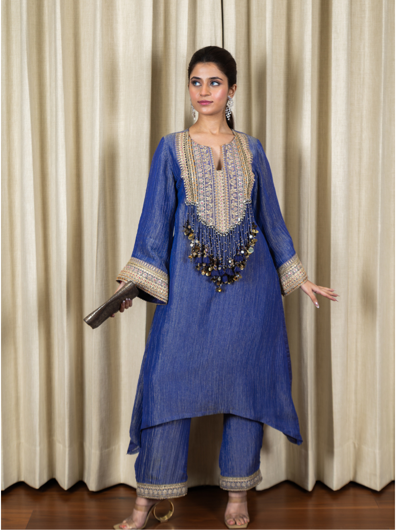 Nayra Royal Tissue Handwork Kurta Set – Sapphire Blue