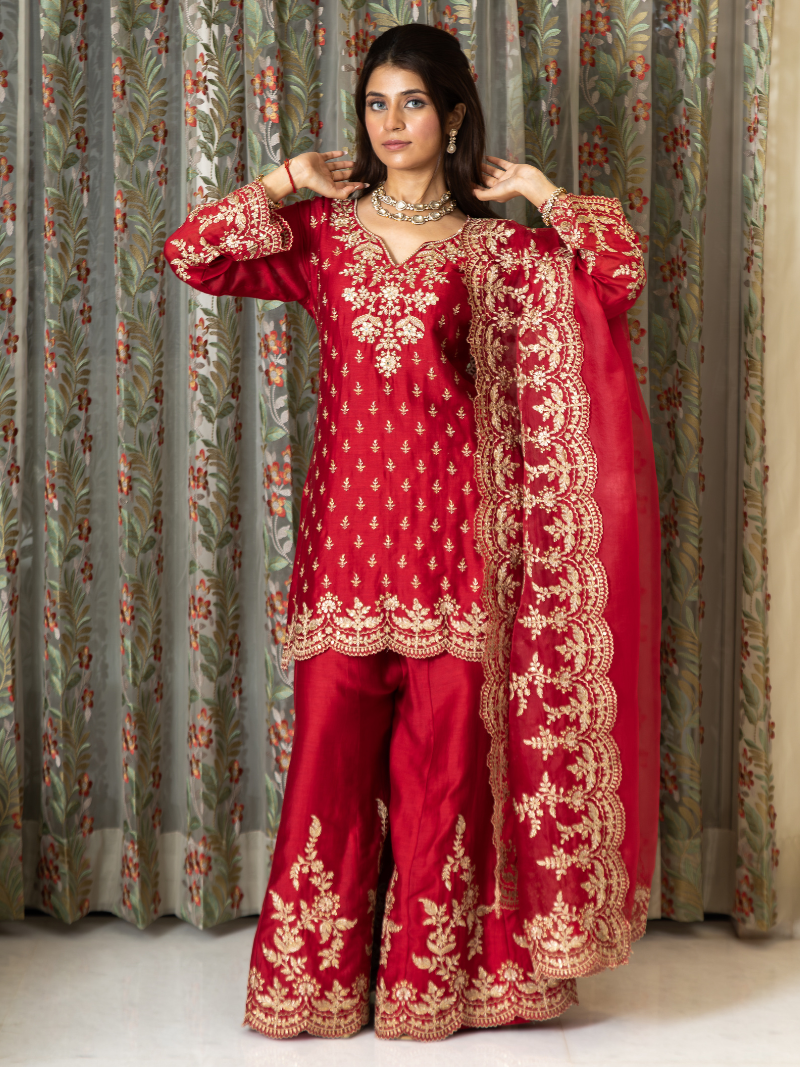 Aarini Mul Chanderi Dori Embroidered Sharara Set – Red