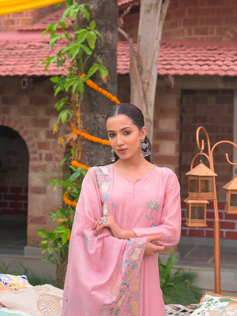 Anaya Pure Mul Chanderi Embroidered Kurta Set with Dupatta - Rose Pink