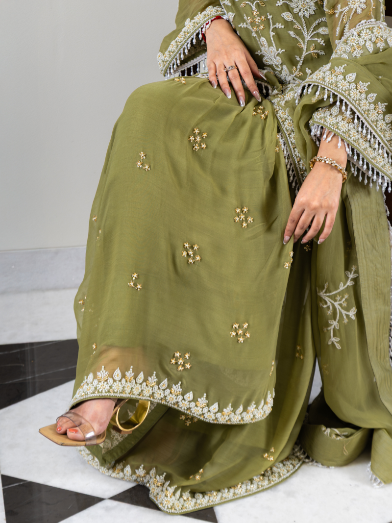 Aleya Pure Georgette Handworked Garara Set – Sage Green