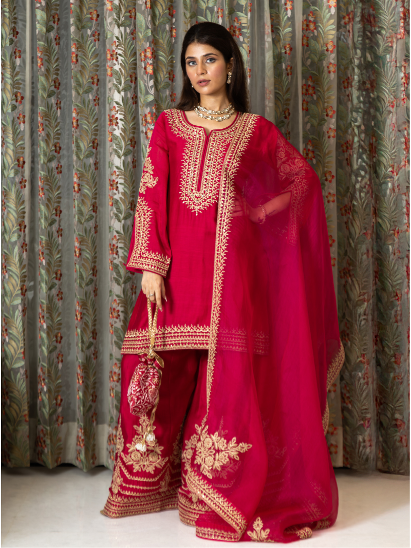 Adhira Mul Chanderi Dori Embroidered Sharara Set – Crimson Red