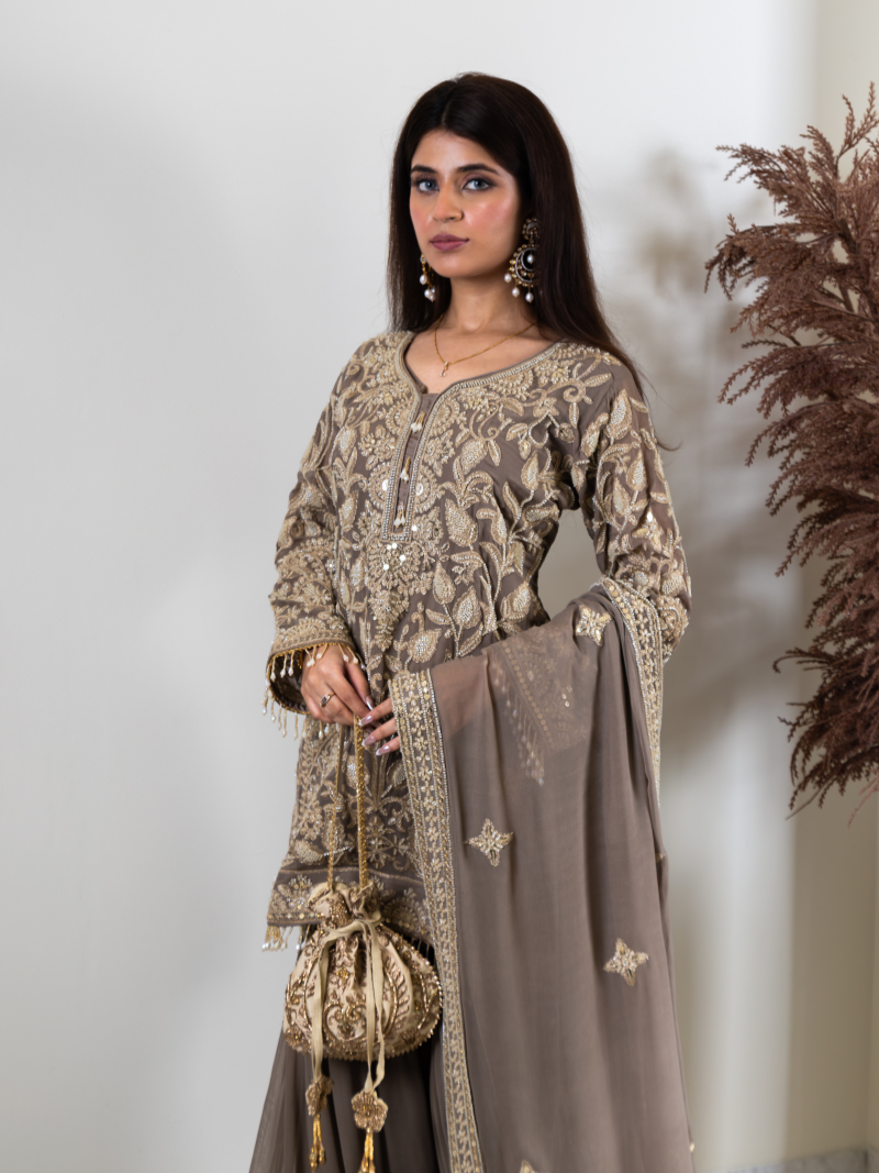 Saher Pure Georgette Handworked Garara Set – Taupe Beige