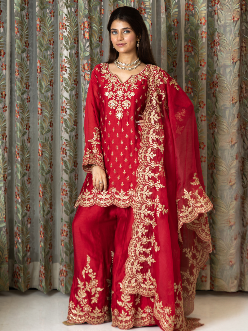 Aarini Mul Chanderi Dori Embroidered Sharara Set – Red