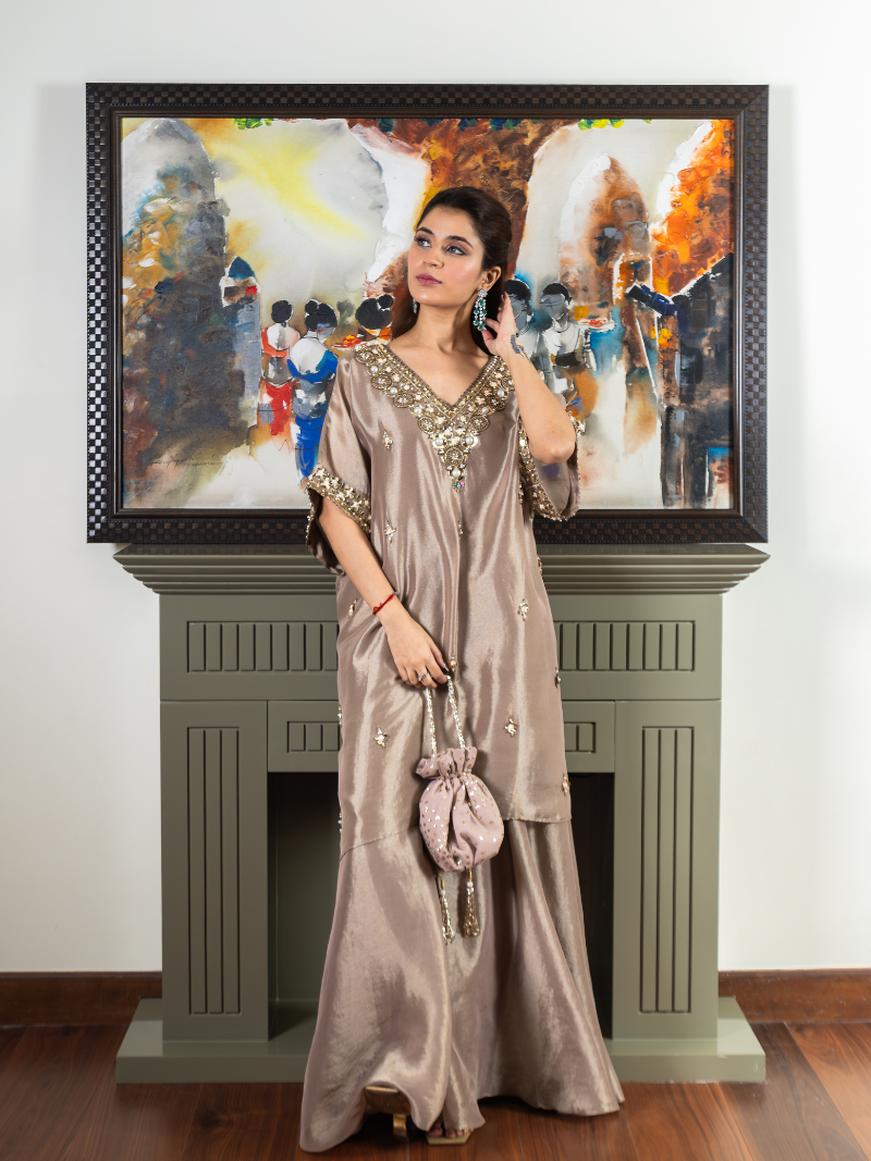 Inaaya Kanchipuram Silk Kaftan Sharara Set – Taupe Beige