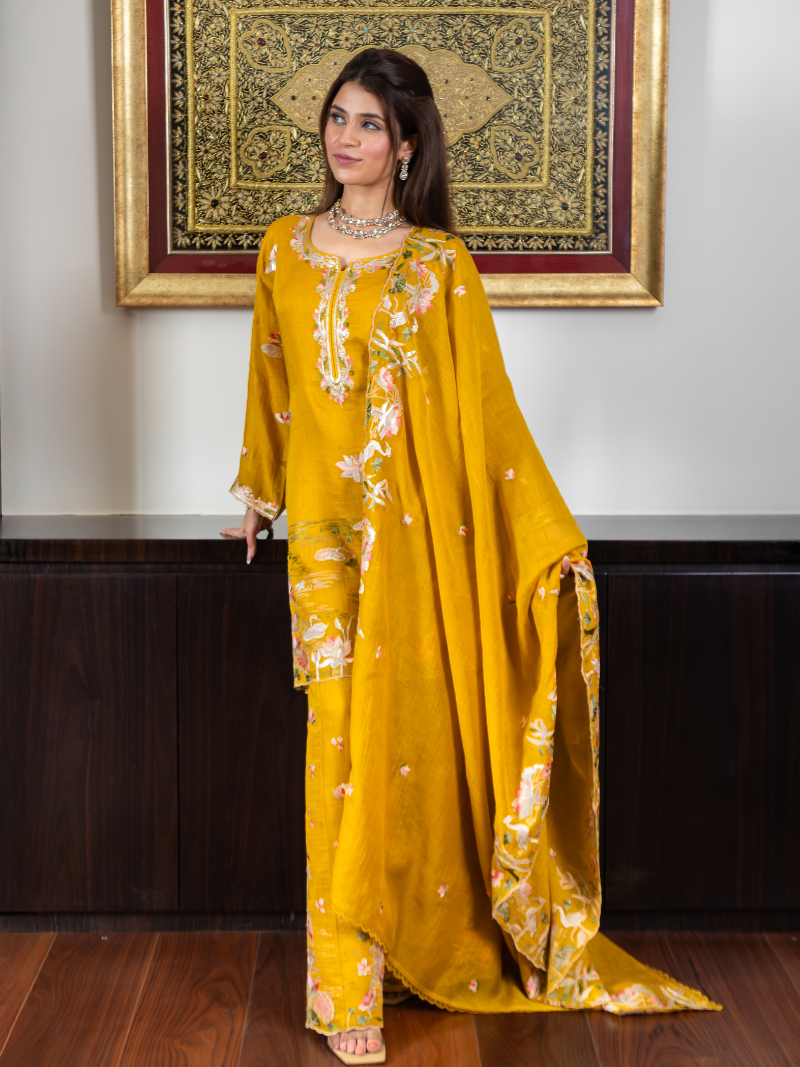 Noor Pure Mul Chanderi Embroidered Sharara Set – Sunflower Yellow