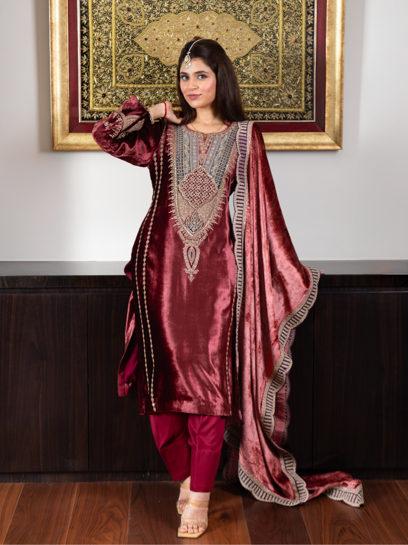 Fiza Velvet Embroidered Suit Set– Wine Red
