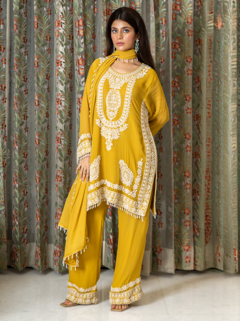 Nayira Georgette Embroidered Kurta Set – Sunset Mustard