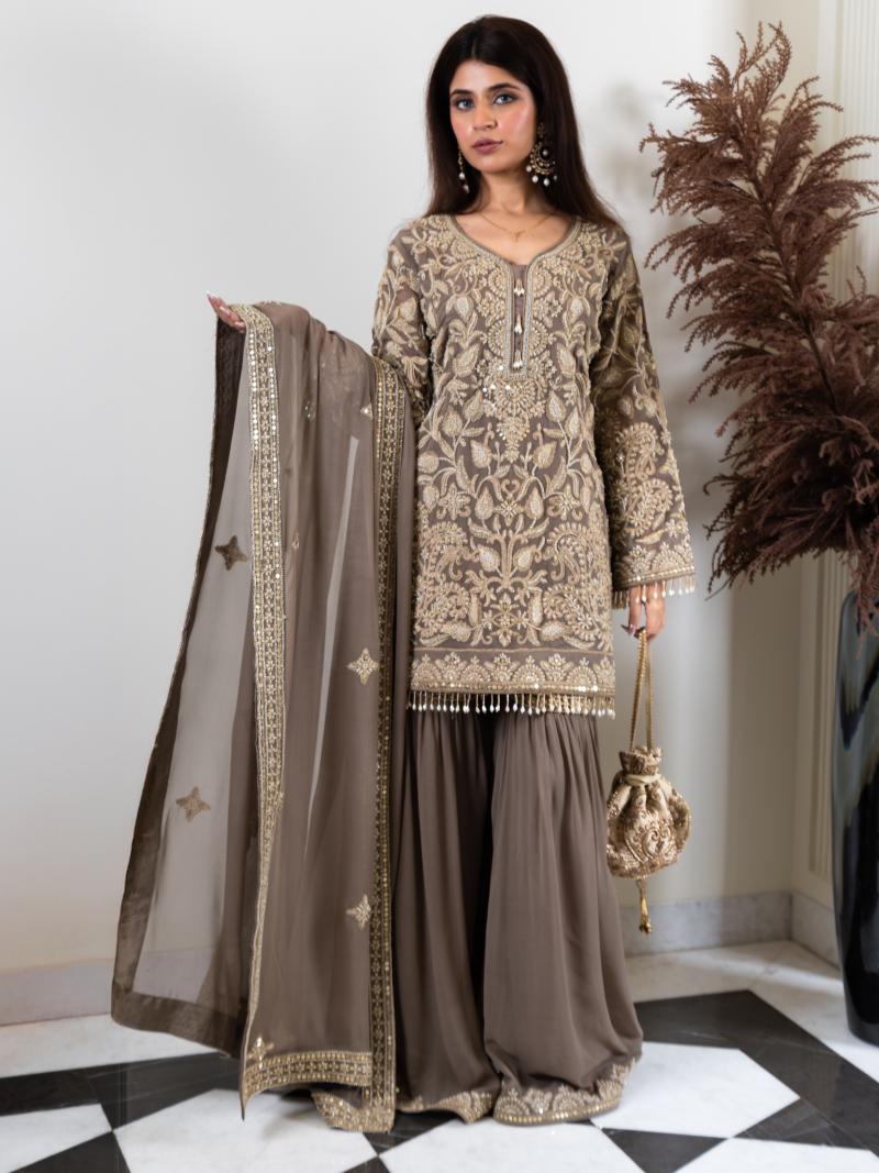Saher Pure Georgette Handworked Garara Set – Taupe Beige