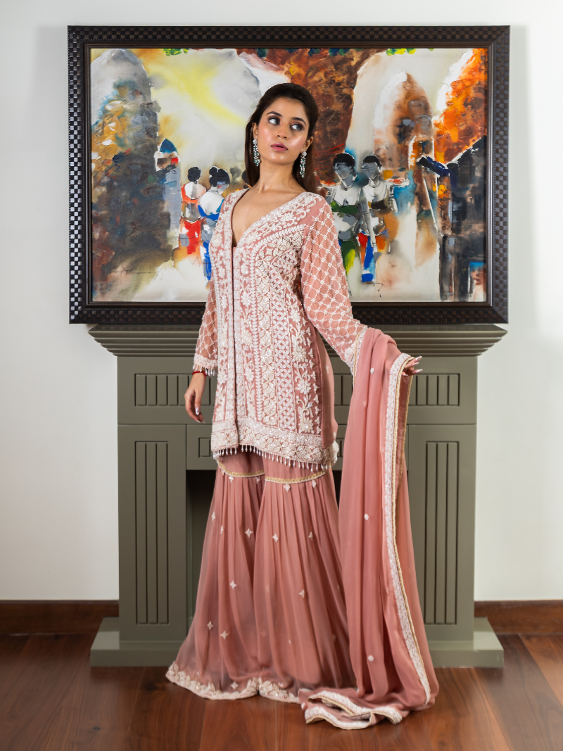 Reha Georgette Embroidered Garara Set – Peach Blush