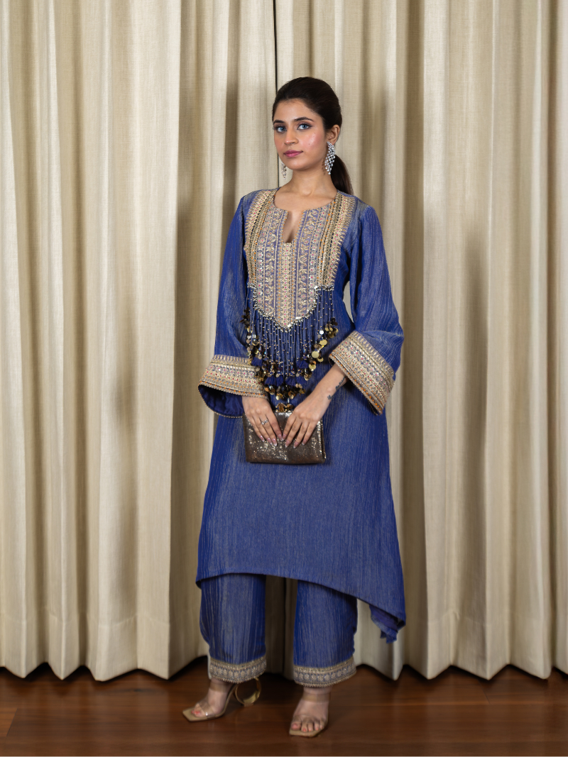 Nayra Royal Tissue Handwork Kurta Set – Sapphire Blue