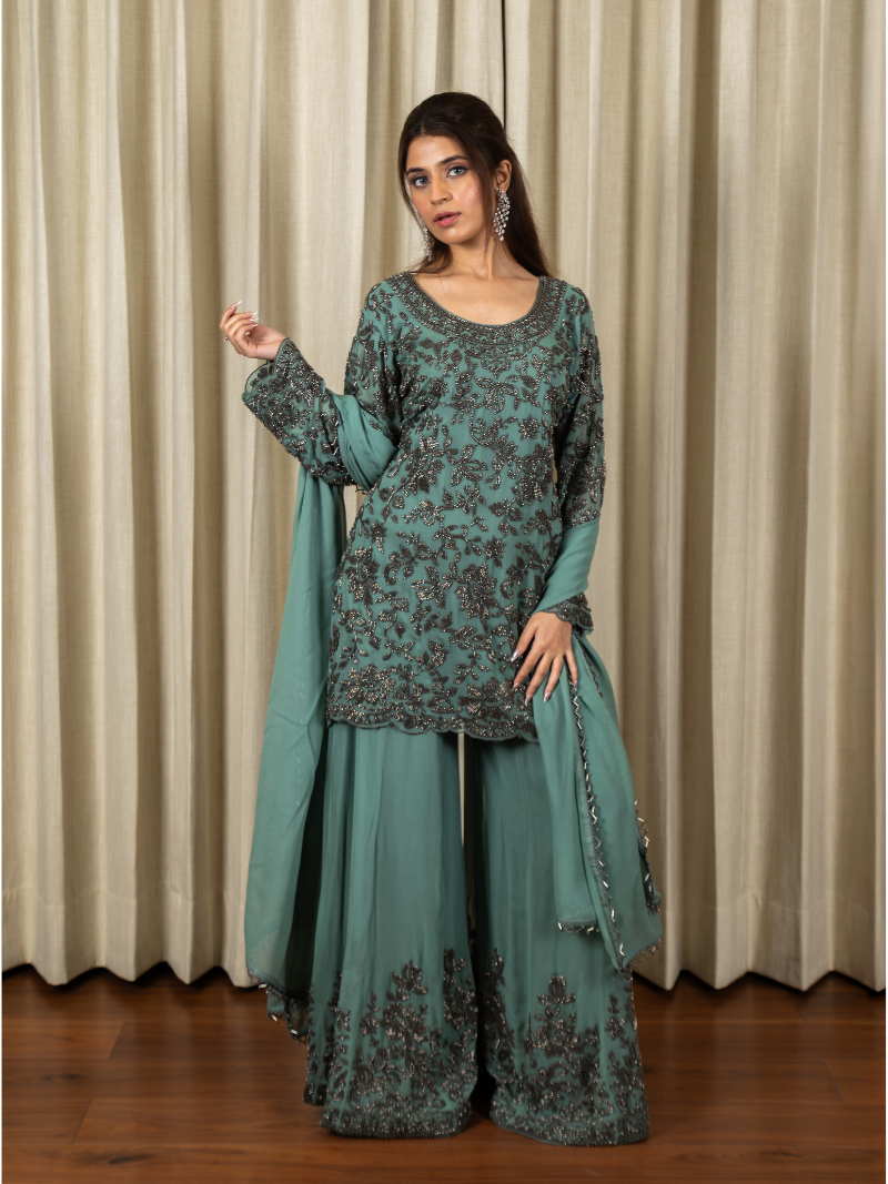 Zayna Georgette Handcrafted Sharara Set – Pastel Teal