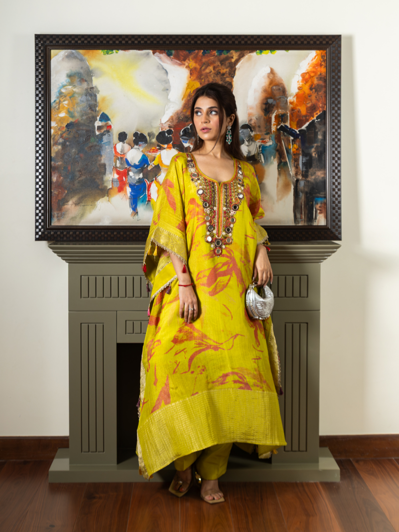 Elaya Handcrafted Tissue Kaftan Set - Sunlit Lime