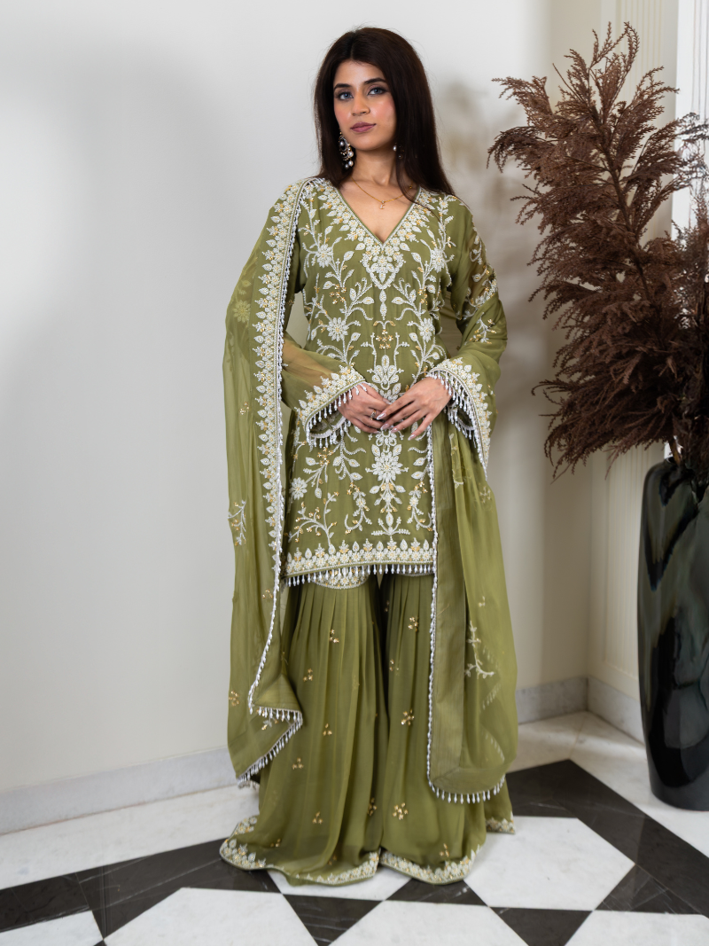 Aleya Pure Georgette Handworked Garara Set – Sage Green