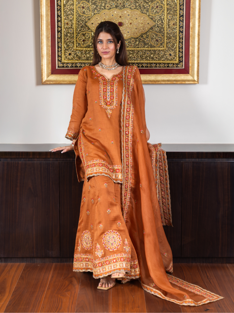 Inara Mul Chanderi Threadwork Garara Set – Terracotta