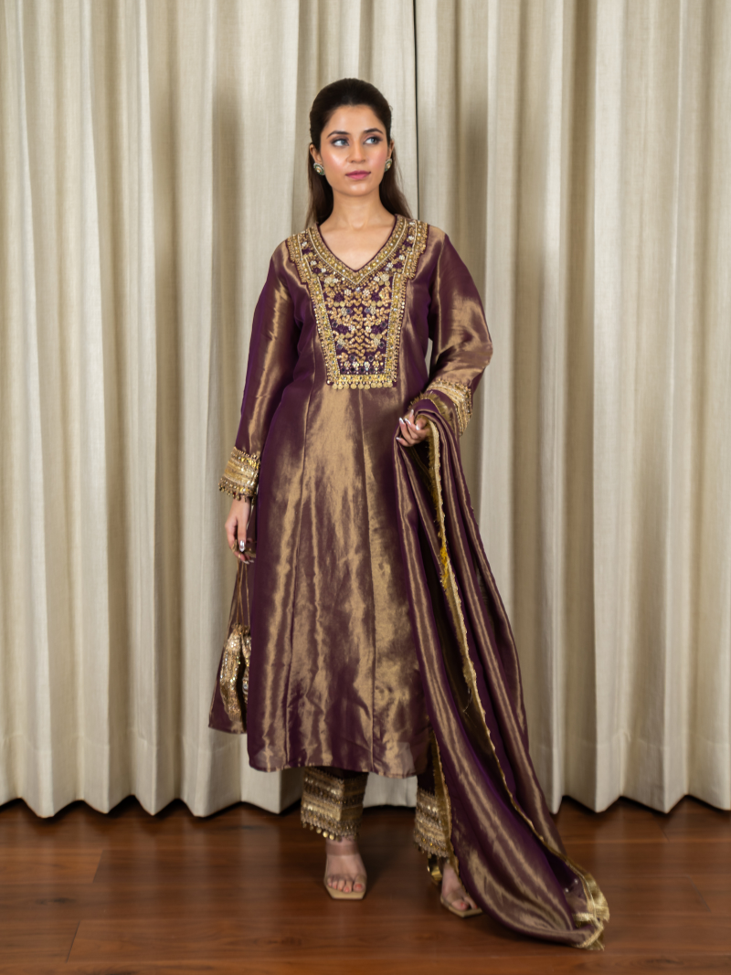 Reyna Kanchipuram Silk Embellished Kurta Set with Dupatta - Deep Wine