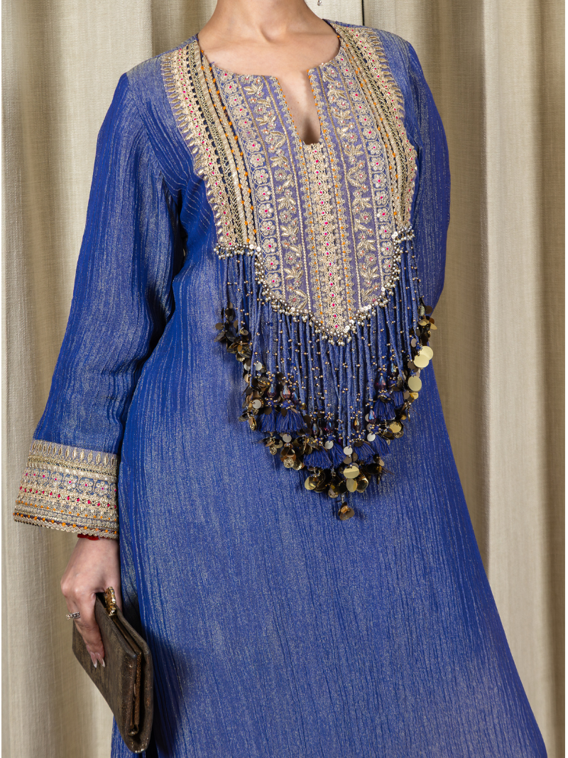 Nayra Royal Tissue Handwork Kurta Set – Sapphire Blue