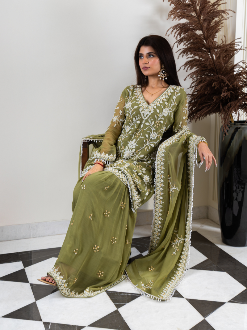 Aleya Pure Georgette Handworked Garara Set – Sage Green