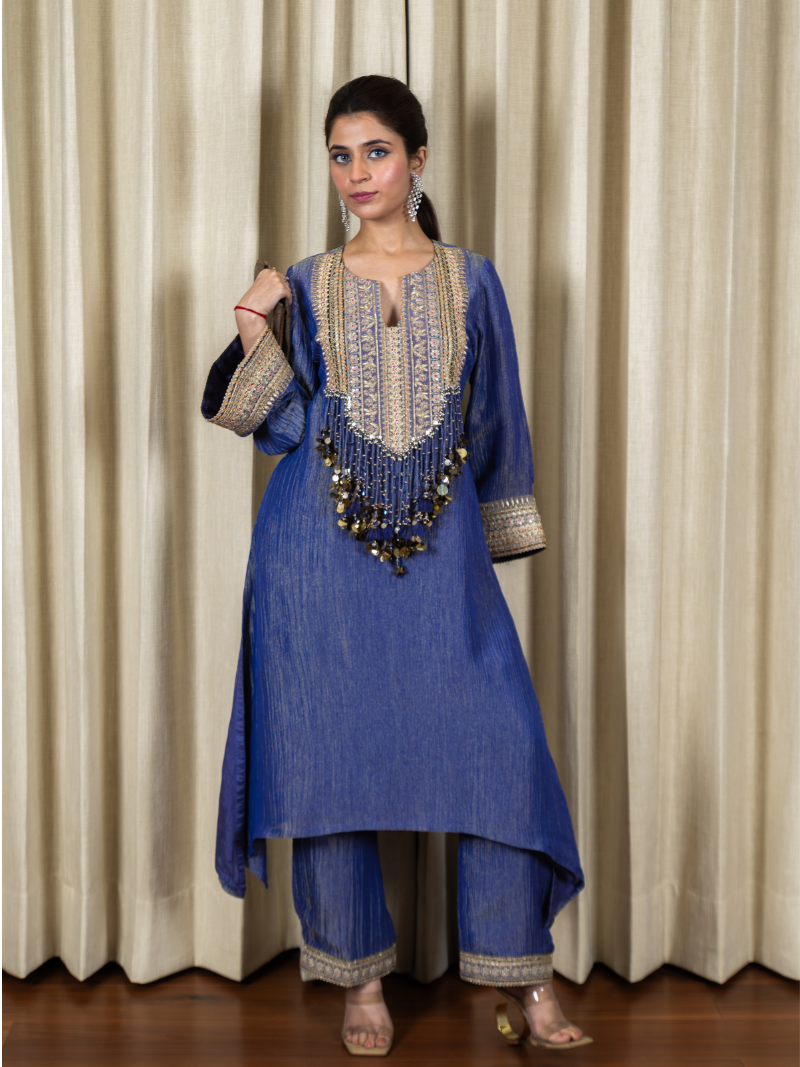 Nayra Royal Tissue Handwork Kurta Set – Sapphire Blue