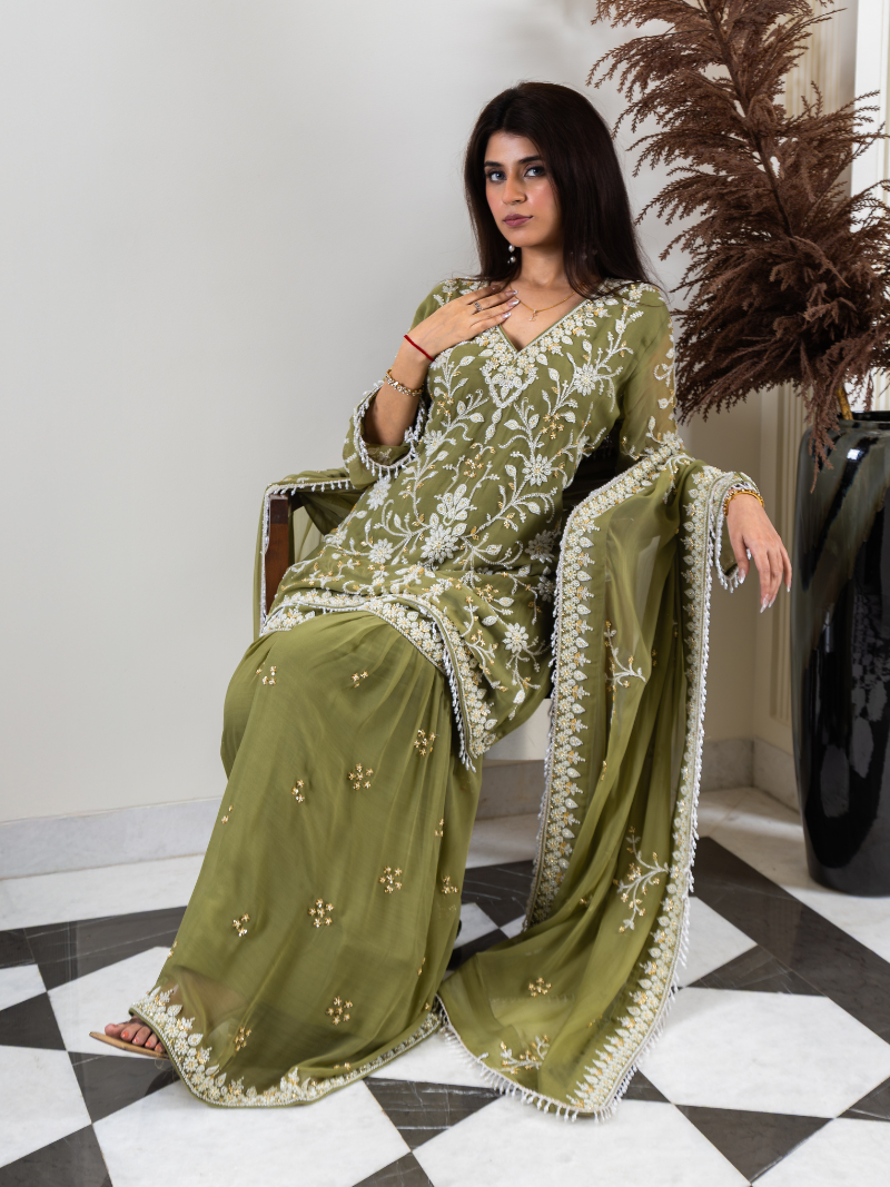 Aleya Pure Georgette Handworked Garara Set – Sage Green