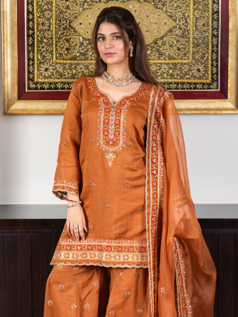 Inara Mul Chanderi Threadwork Garara Set – Terracotta