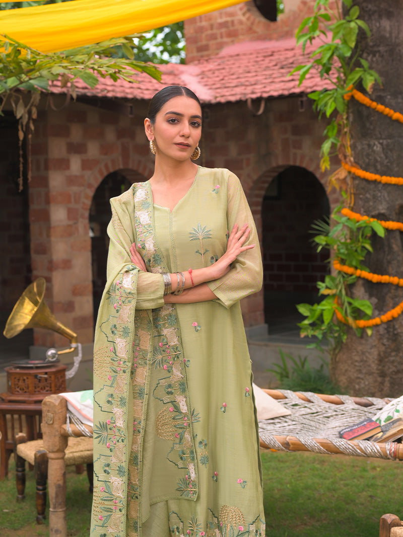 Anaya Pure Mul Chanderi Embroidered Kurta Set with Dupatta - Sage Green