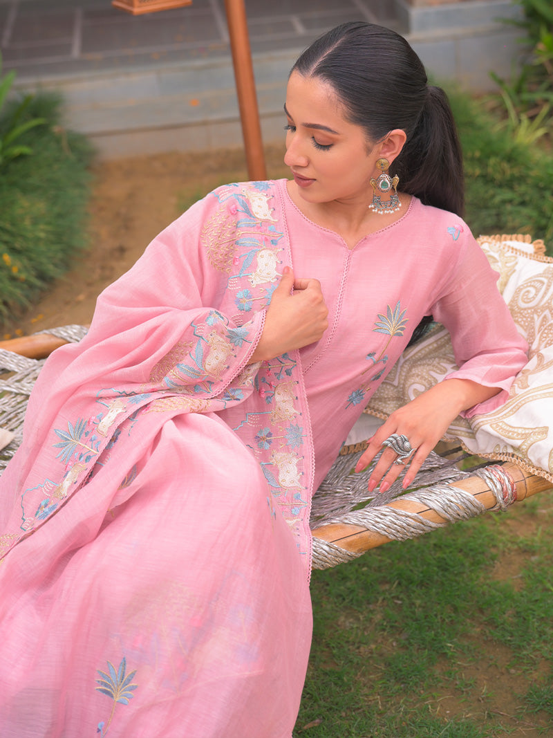 Anaya Pure Mul Chanderi Embroidered Kurta Set with Dupatta - Rose Pink