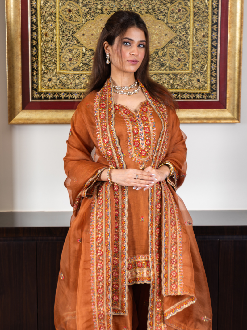 Inara Mul Chanderi Threadwork Garara Set – Terracotta