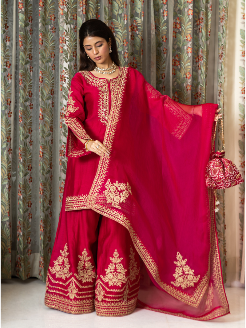 Adhira Mul Chanderi Dori Embroidered Sharara Set – Crimson Red