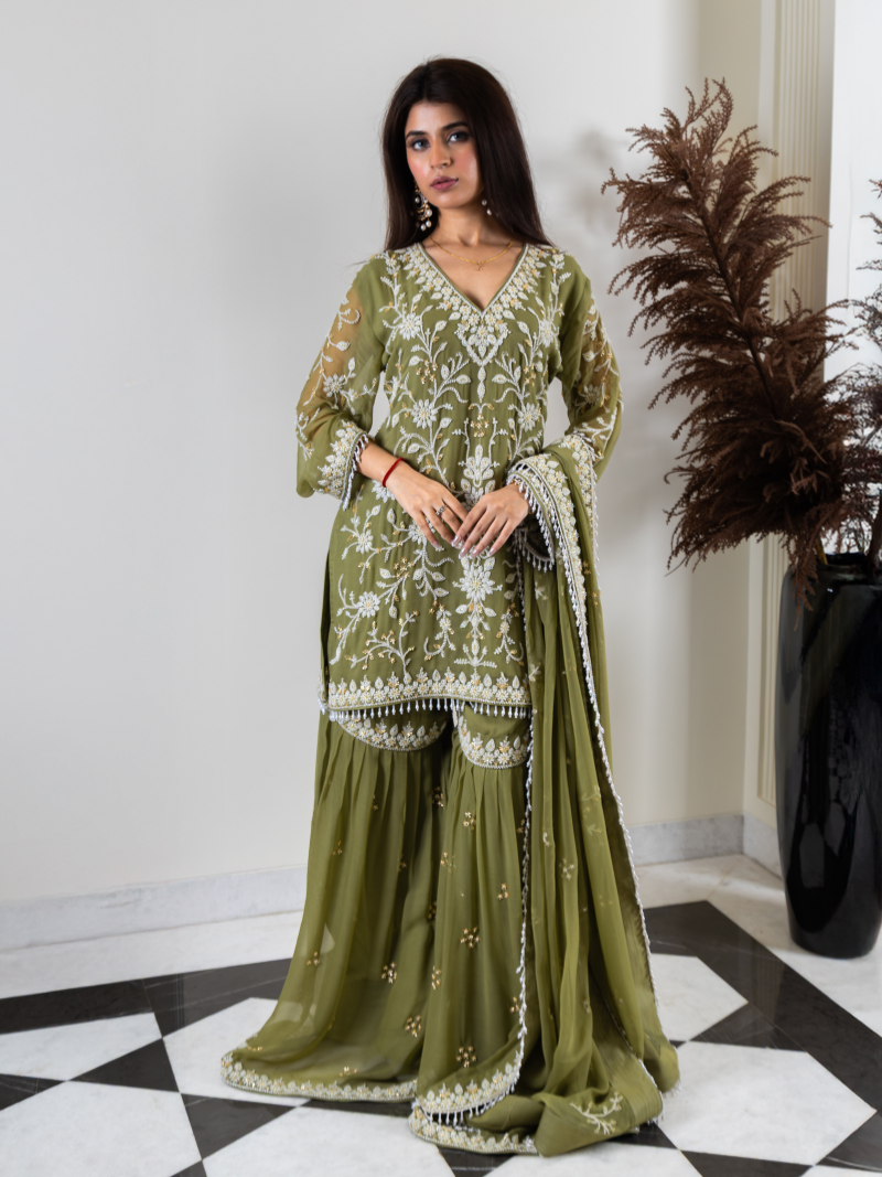 Aleya Pure Georgette Handworked Garara Set – Sage Green