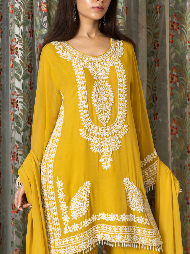 Nayira Georgette Embroidered Kurta Set – Sunset Mustard