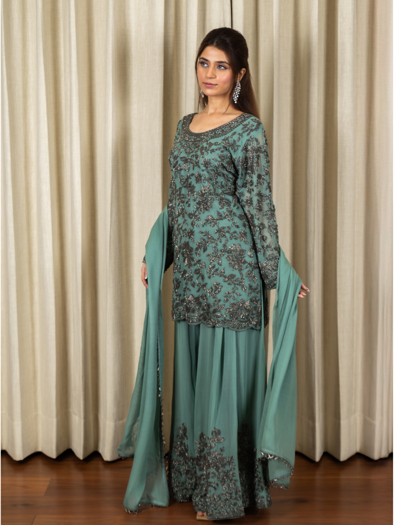 Zayna Georgette Handcrafted Sharara Set – Pastel Teal
