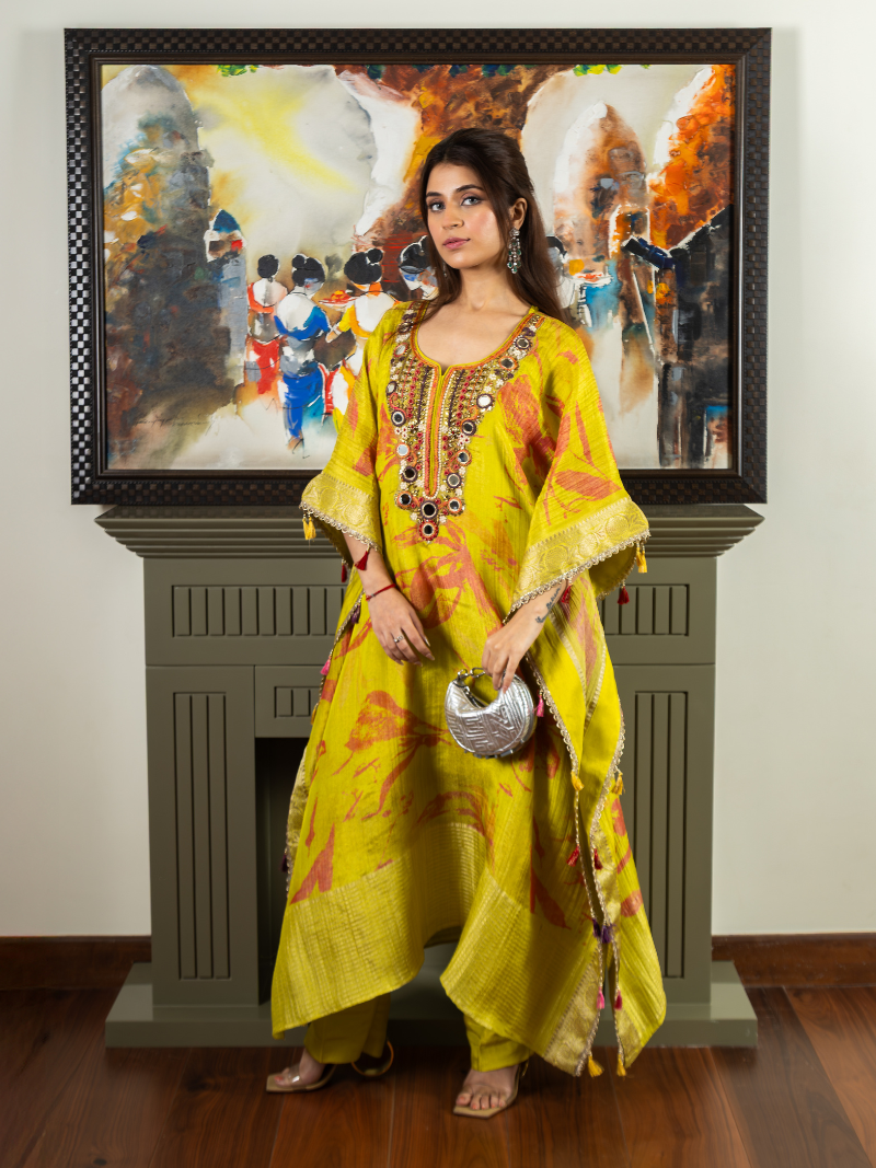 Elaya Handcrafted Tissue Kaftan Set - Sunlit Lime