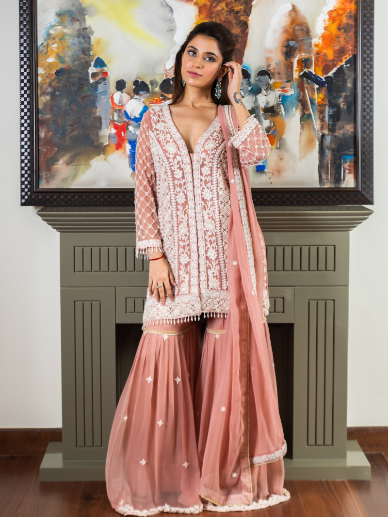 Reha Georgette Embroidered Garara Set – Peach Blush