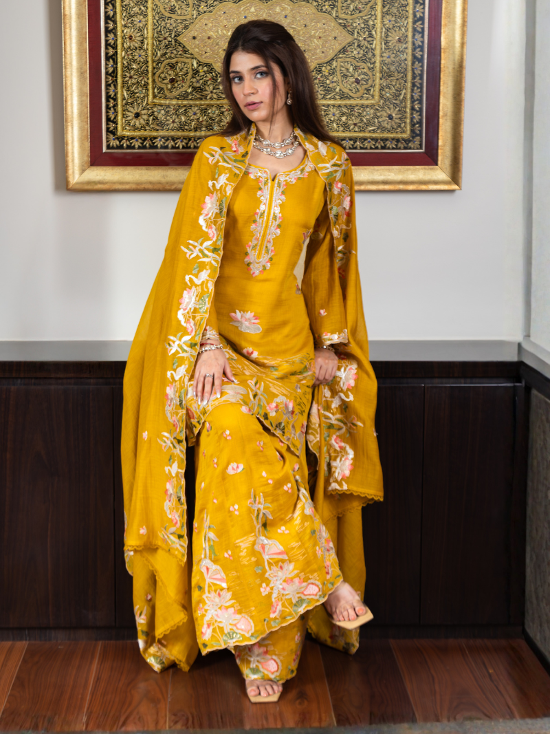 Noor Pure Mul Chanderi Embroidered Sharara Set – Sunflower Yellow